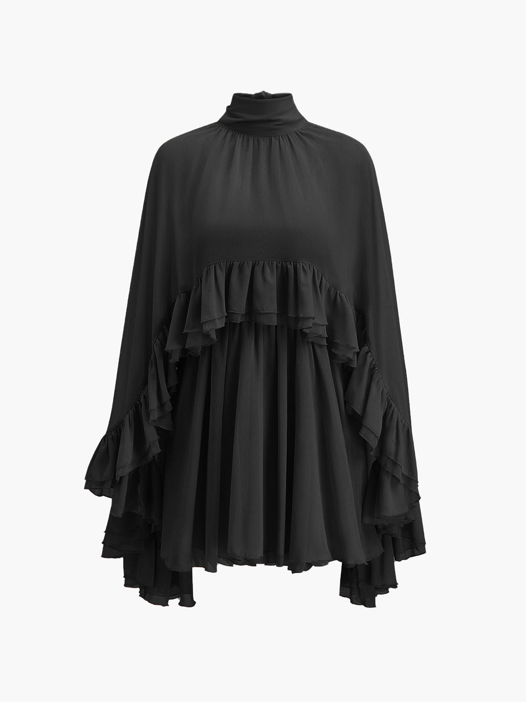 Chiffon Dress with Ruffle Detail and Cape Overlay