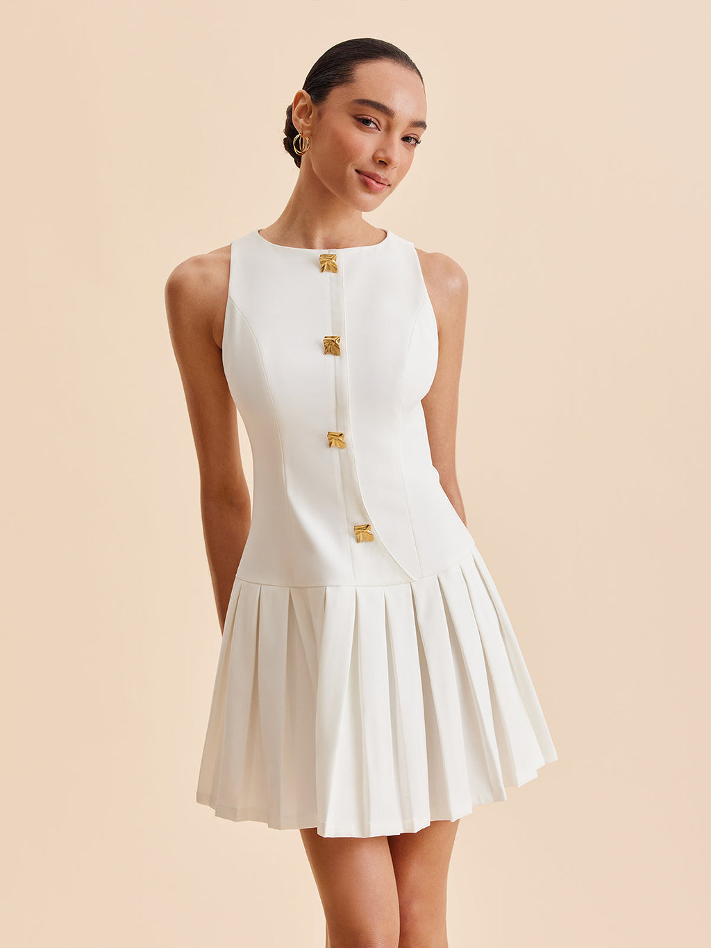 Pleated Tank Dress with Metallic Button Detail