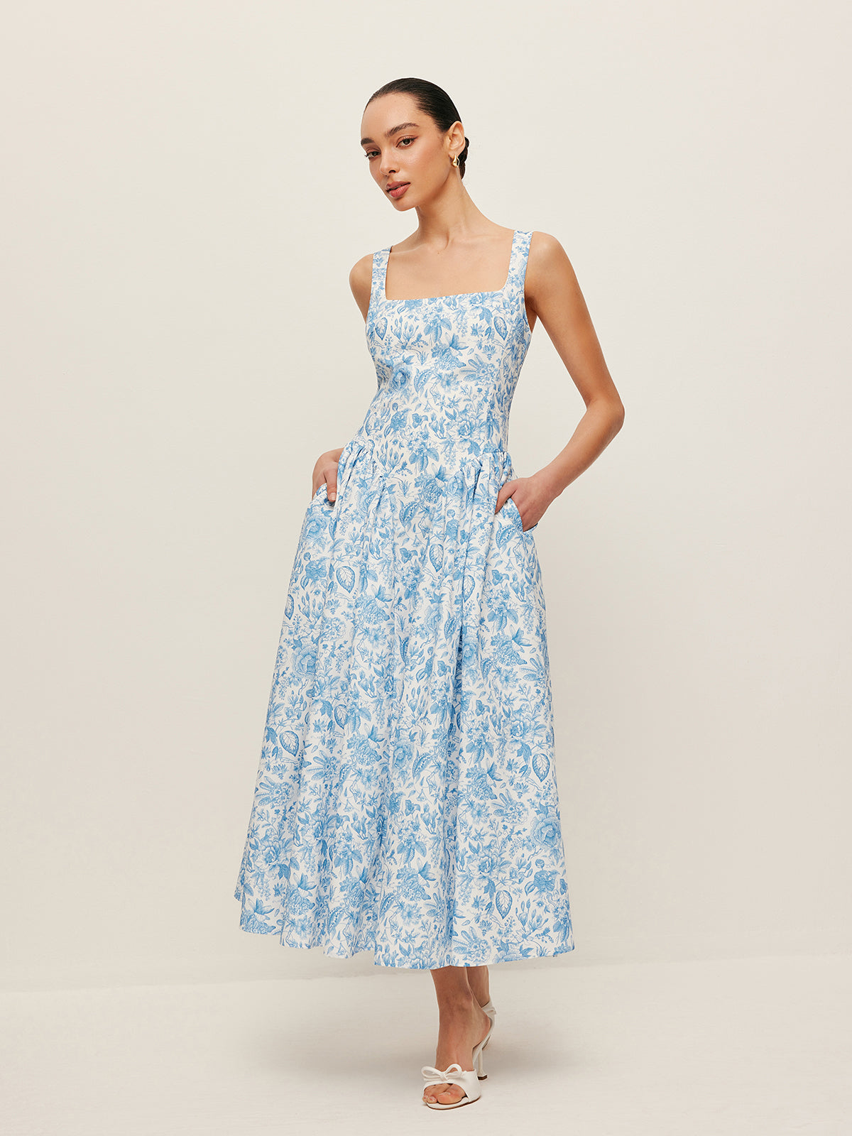 Printed Square-Neck Dress Featuring Convenient Pockets