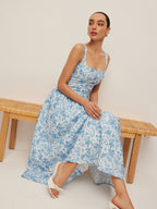 Printed Square-Neck Dress Featuring Convenient Pockets
