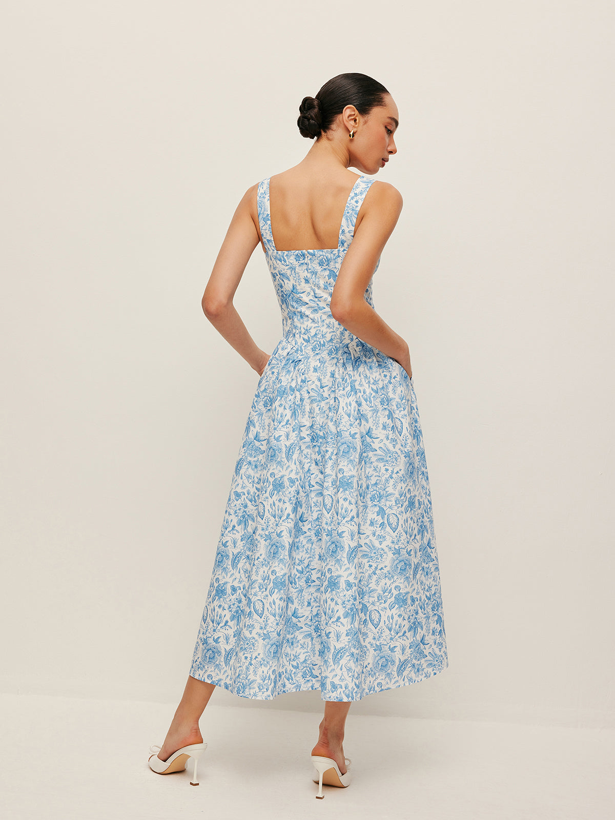 Printed Square-Neck Dress Featuring Convenient Pockets