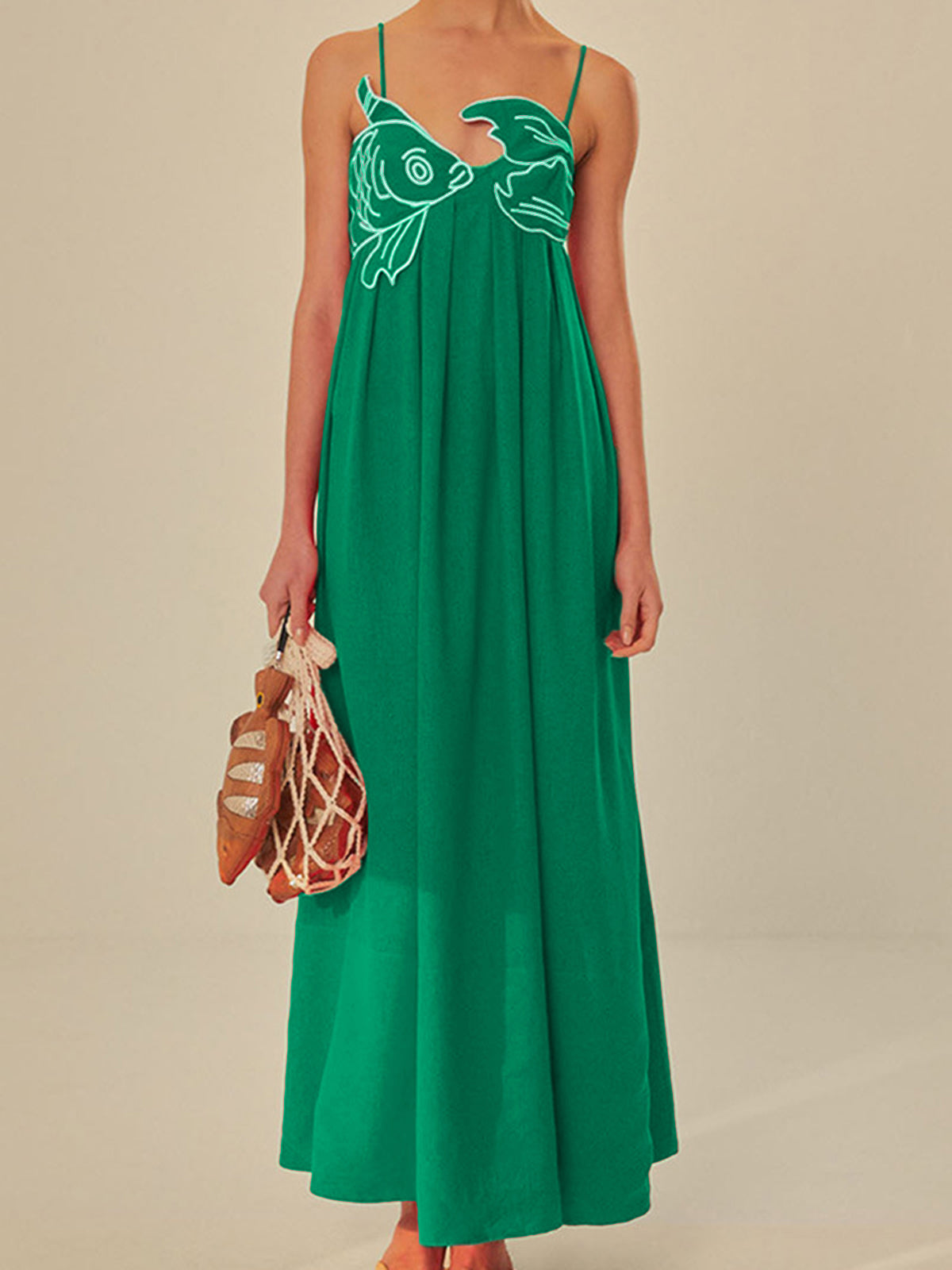 Embroidered Fish Pattern Semi-Sheer Cami Dress