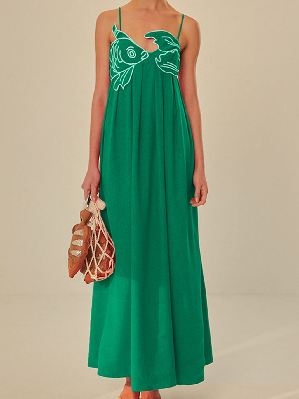 Embroidered Fish Motif Semi-Sheer Cami Dress