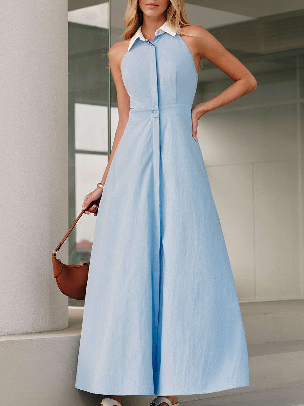 Sleeveless Dress with Button Detail and Collar Design