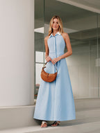 Sleeveless Dress with Button Detail and Collar Design