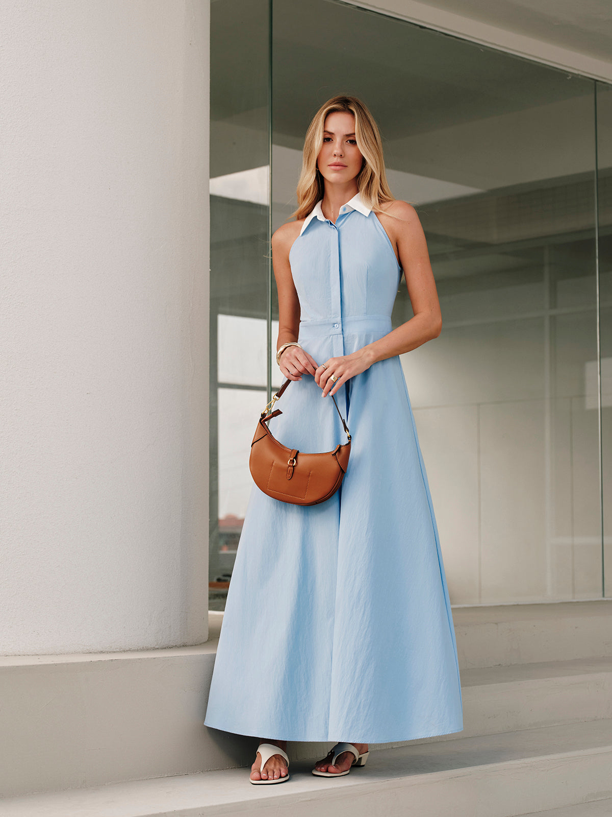 Sleeveless Dress with Button Detail and Collar Design