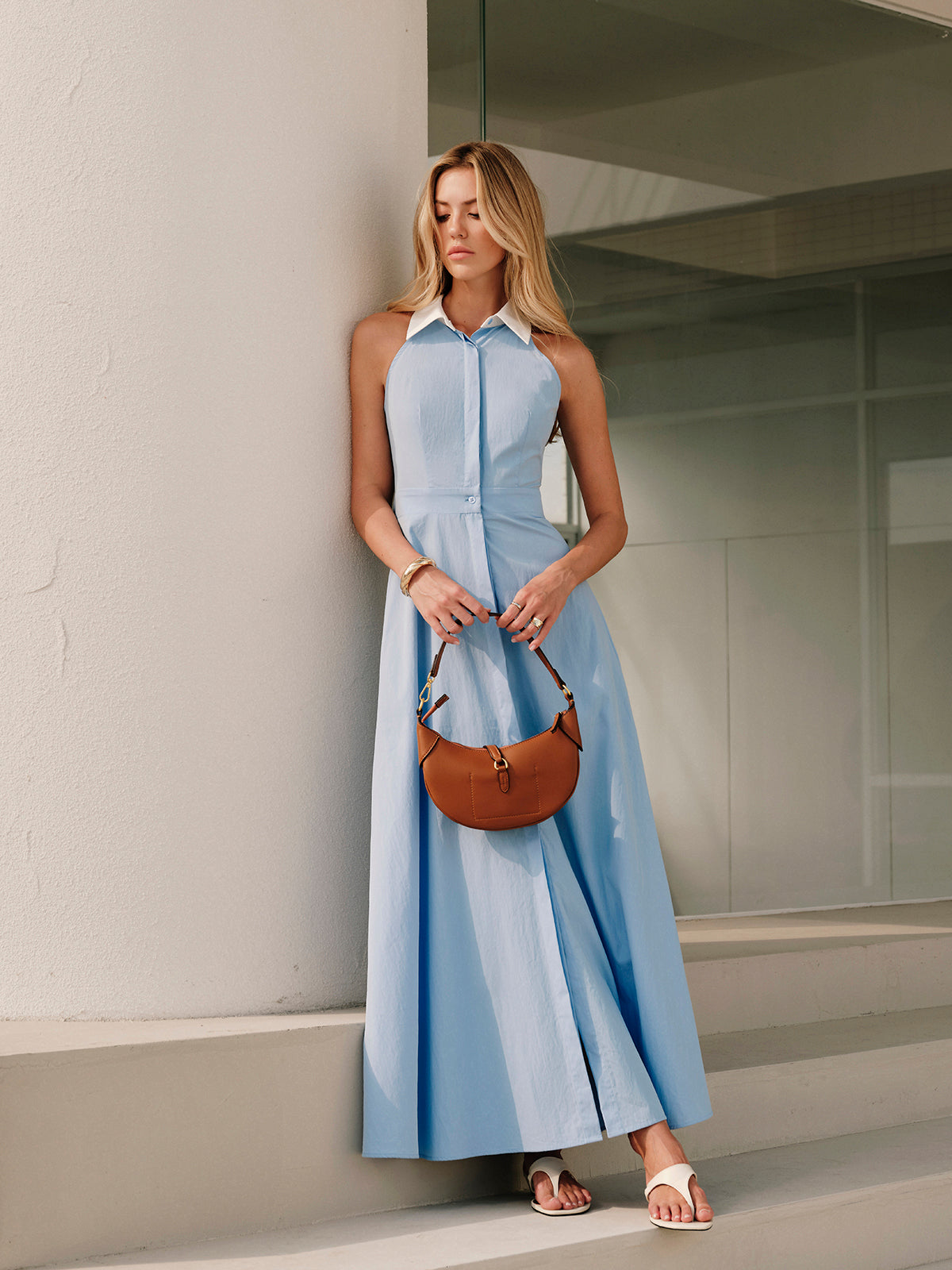 Sleeveless Dress with Button Detail and Collared Neck