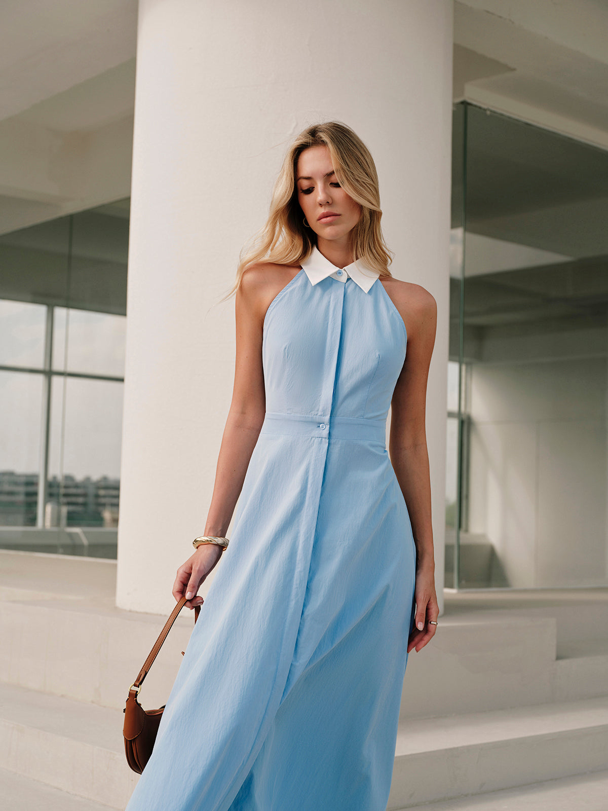 Sleeveless Dress with Button Detail and Collar Design