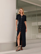 Metal Button Detail Midi Dress with Collar