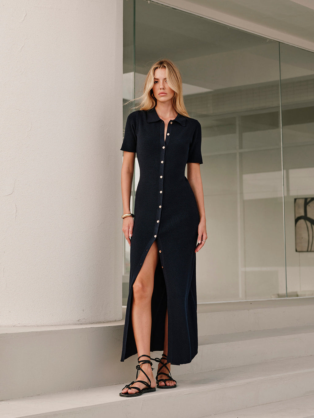 Metal Button Detail Collar Midi Dress