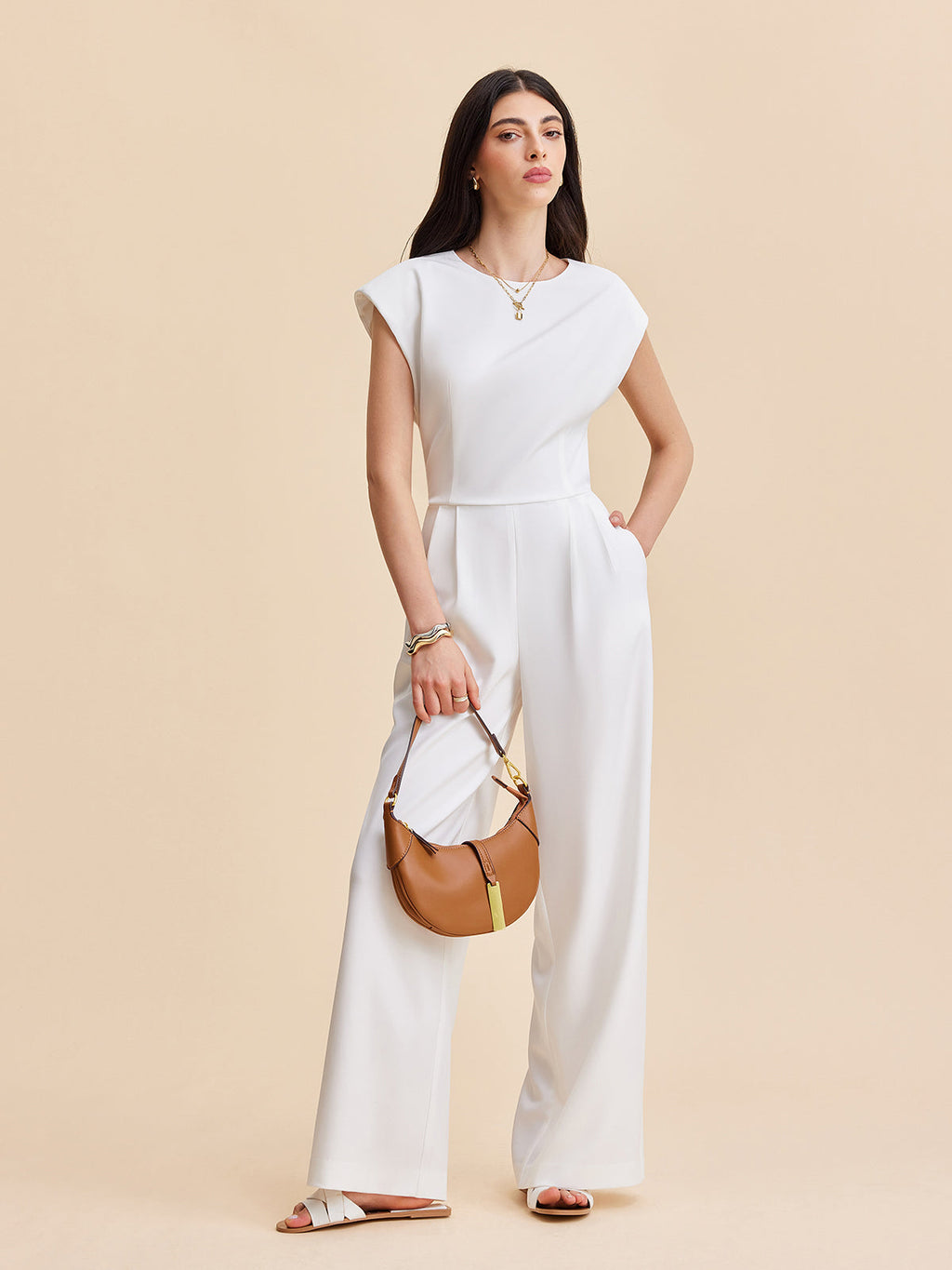 Cap Sleeve Jumpsuit with Buttoned Backless Design