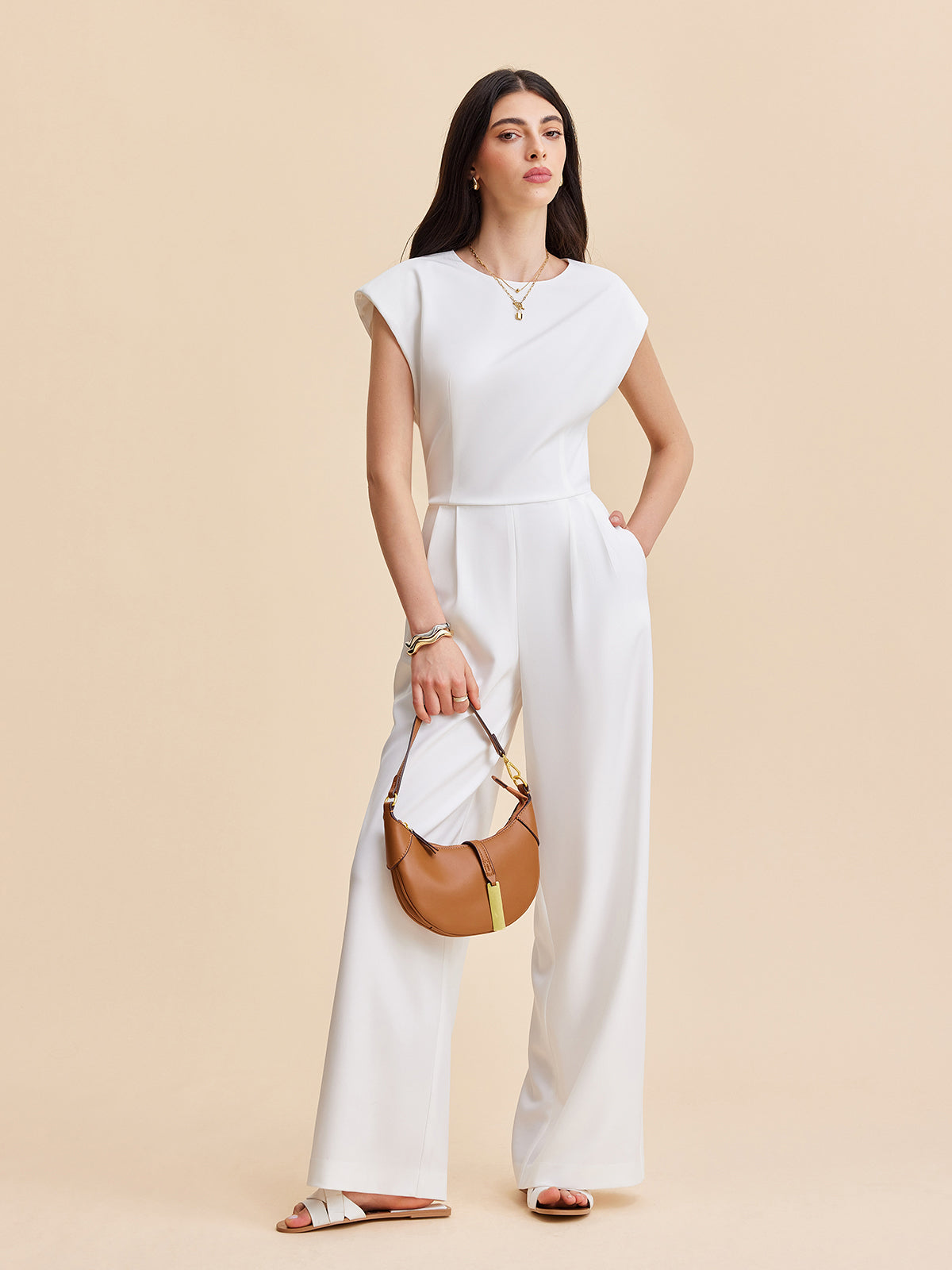 Cap Sleeve Jumpsuit with Buttoned Backless Design