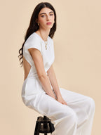 Cap Sleeve Jumpsuit with Buttoned Backless Design