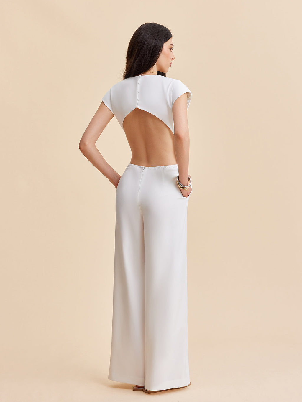 Cap Sleeve Jumpsuit with Buttoned Backless Design
