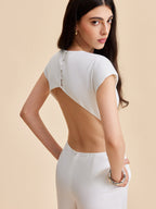 Cap Sleeve Jumpsuit with Buttoned Backless Design