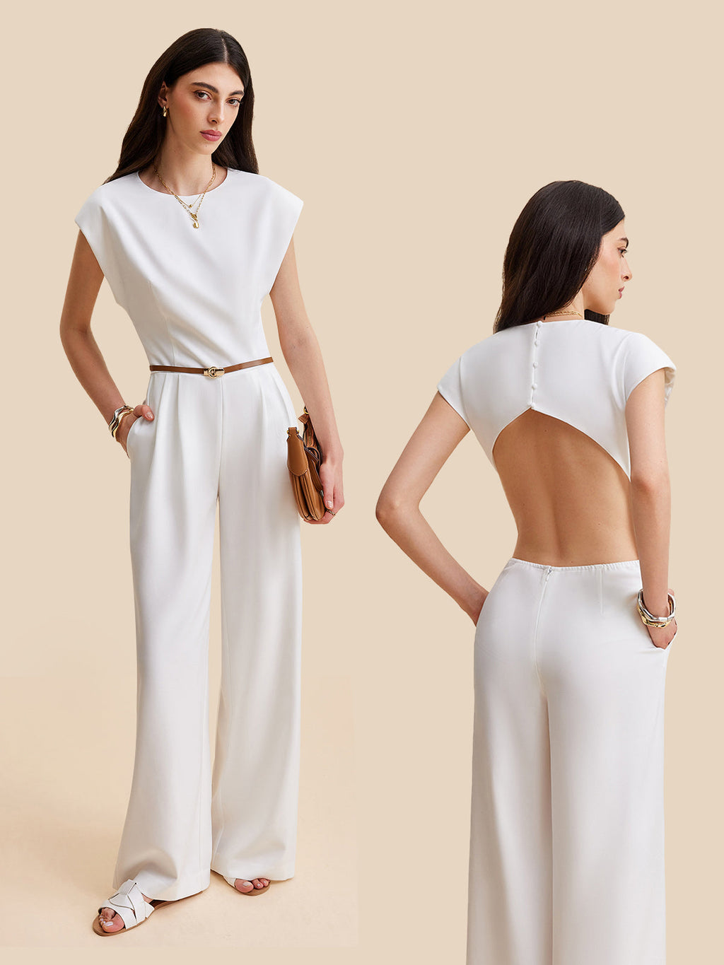 Cap Sleeve Jumpsuit with Buttoned Backless Design