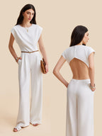 Cap Sleeve Jumpsuit with Buttoned Backless Design