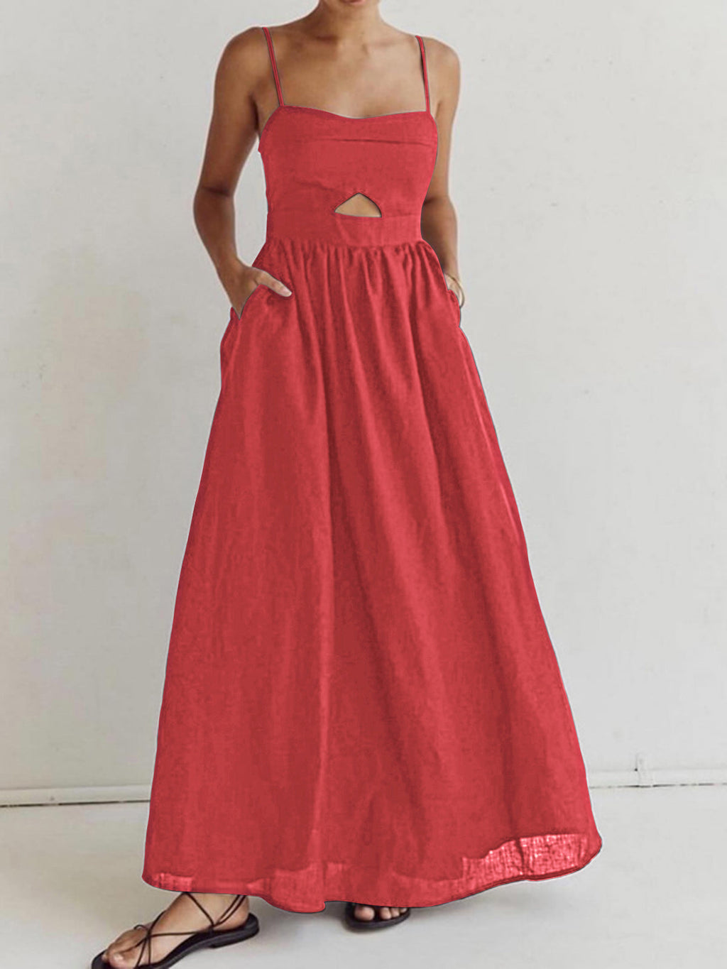 Cotton Sleeveless Dress with Pockets and Cutout Detail