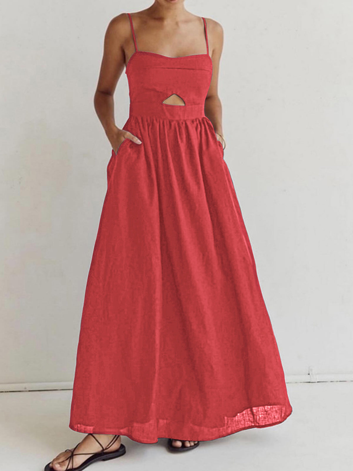 Cotton Sleeveless Dress with Pockets and Cutout Detail
