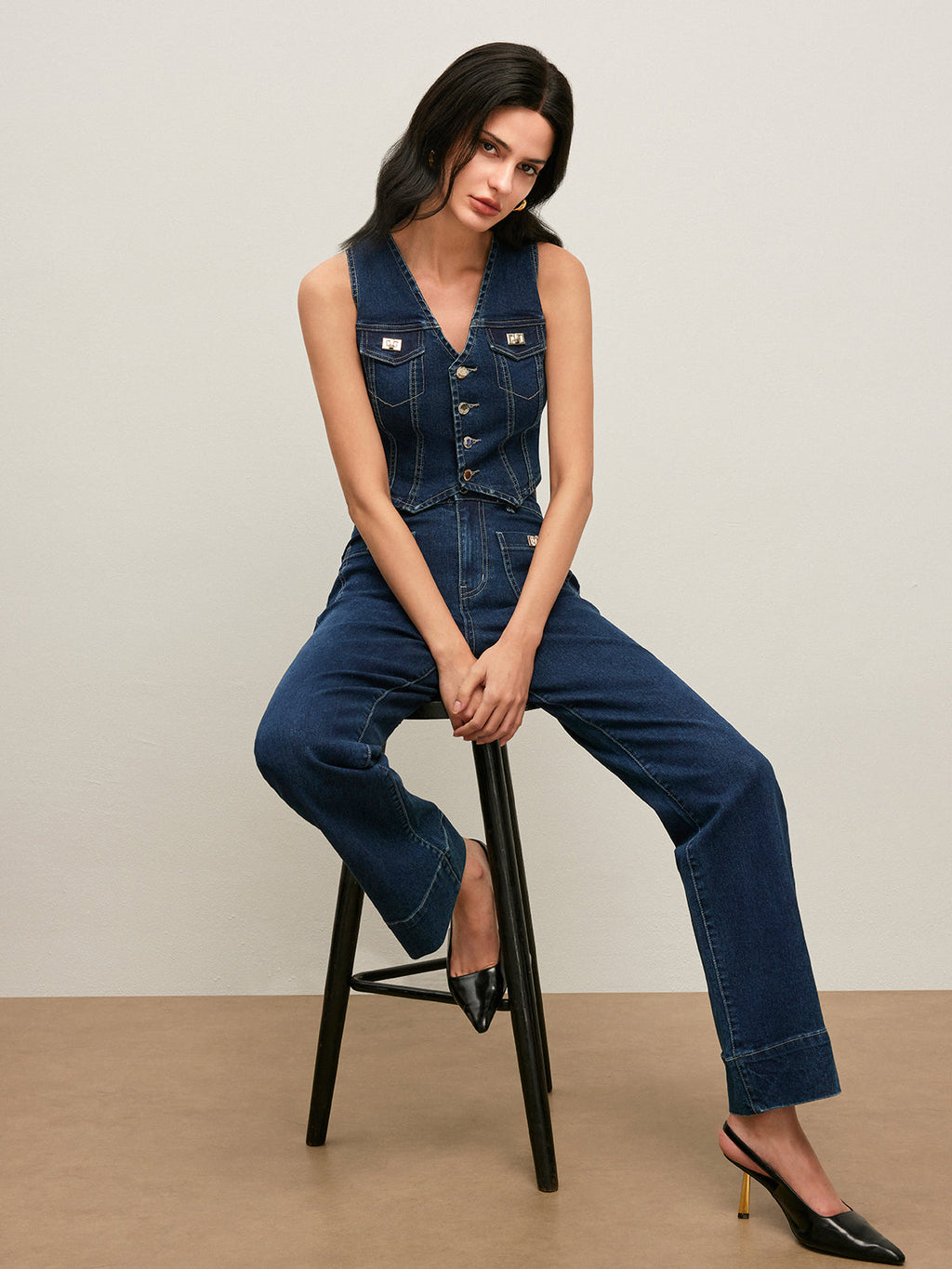 Vintage Denim Vest with Button-Down Front