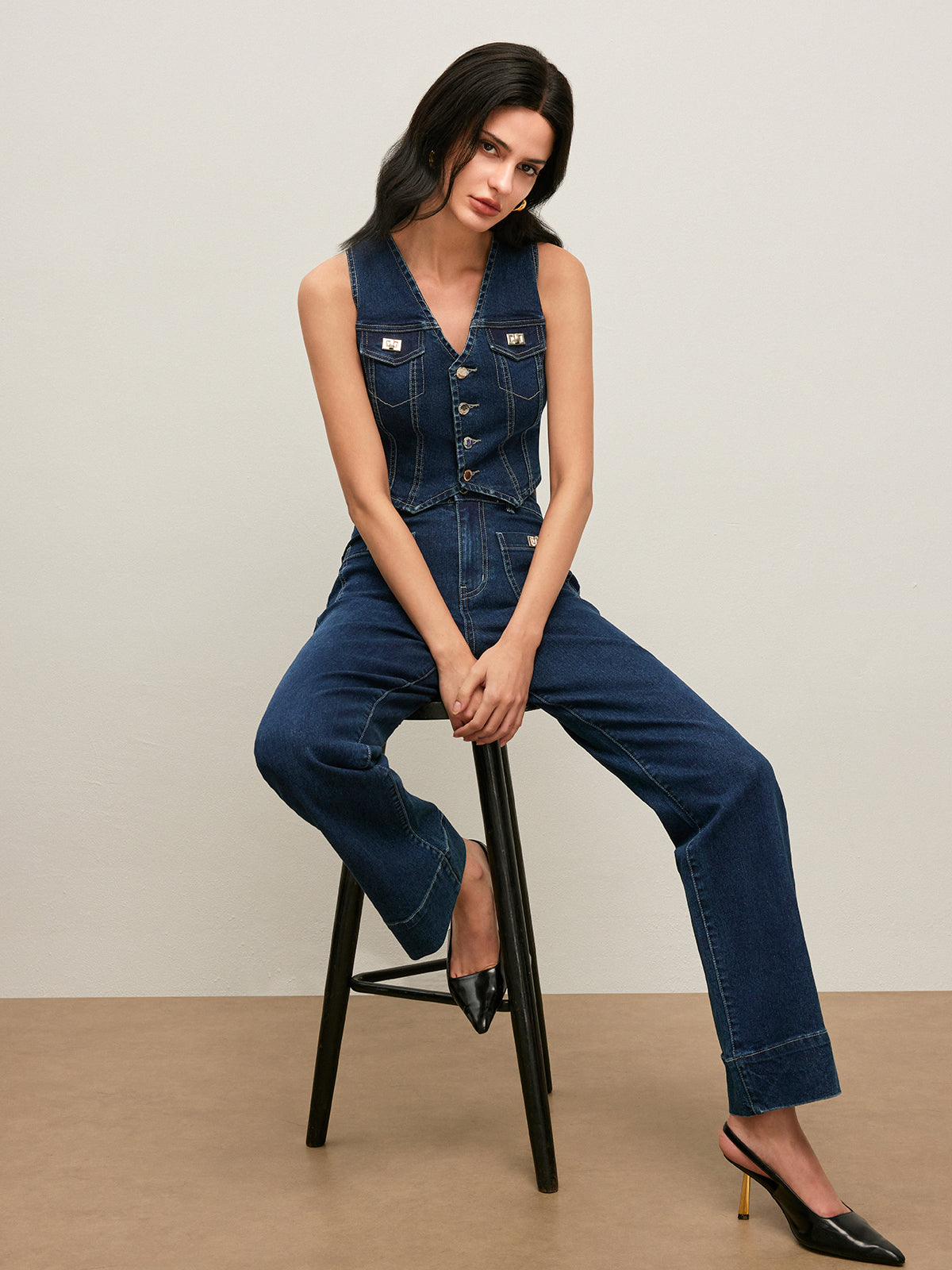 Vintage Denim Vest with Button-Down Front