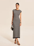 Striped Cap Sleeves Dress in Soft Knit Fabric