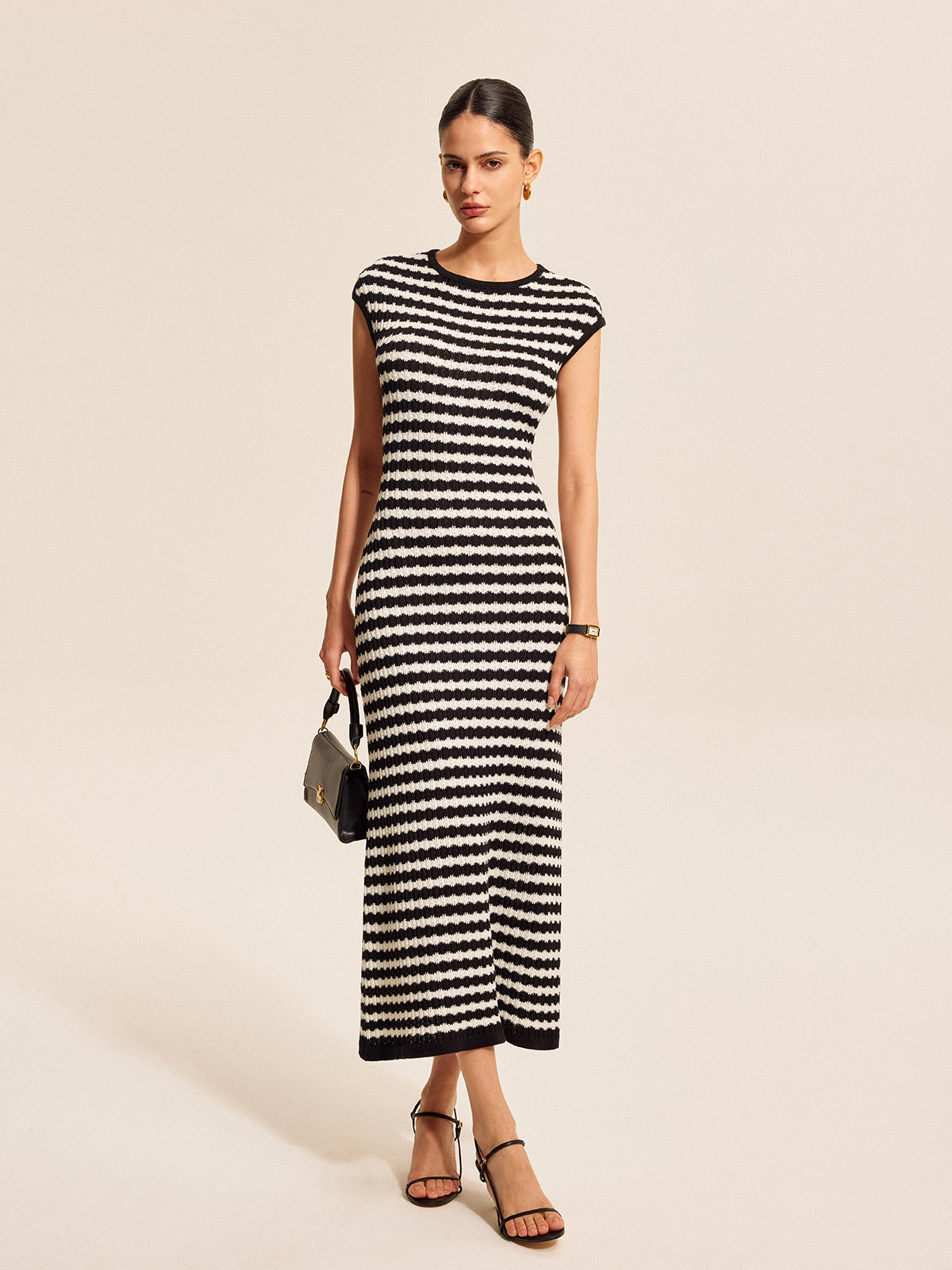 Striped Cap Sleeves Dress in Soft Knit Fabric