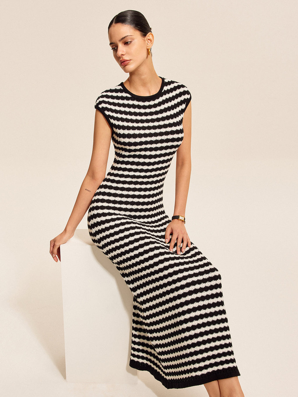 Striped Knit Dress with Cap Sleeves