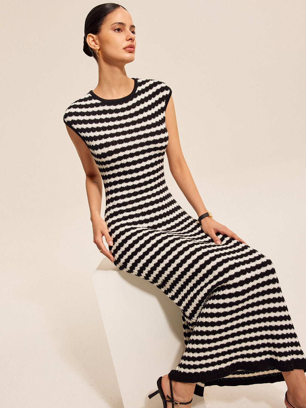 Striped Cap Sleeves Dress in Soft Knit Fabric