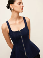 Zip-Up Denim Peplum Blouse with Stylish Waist Detail