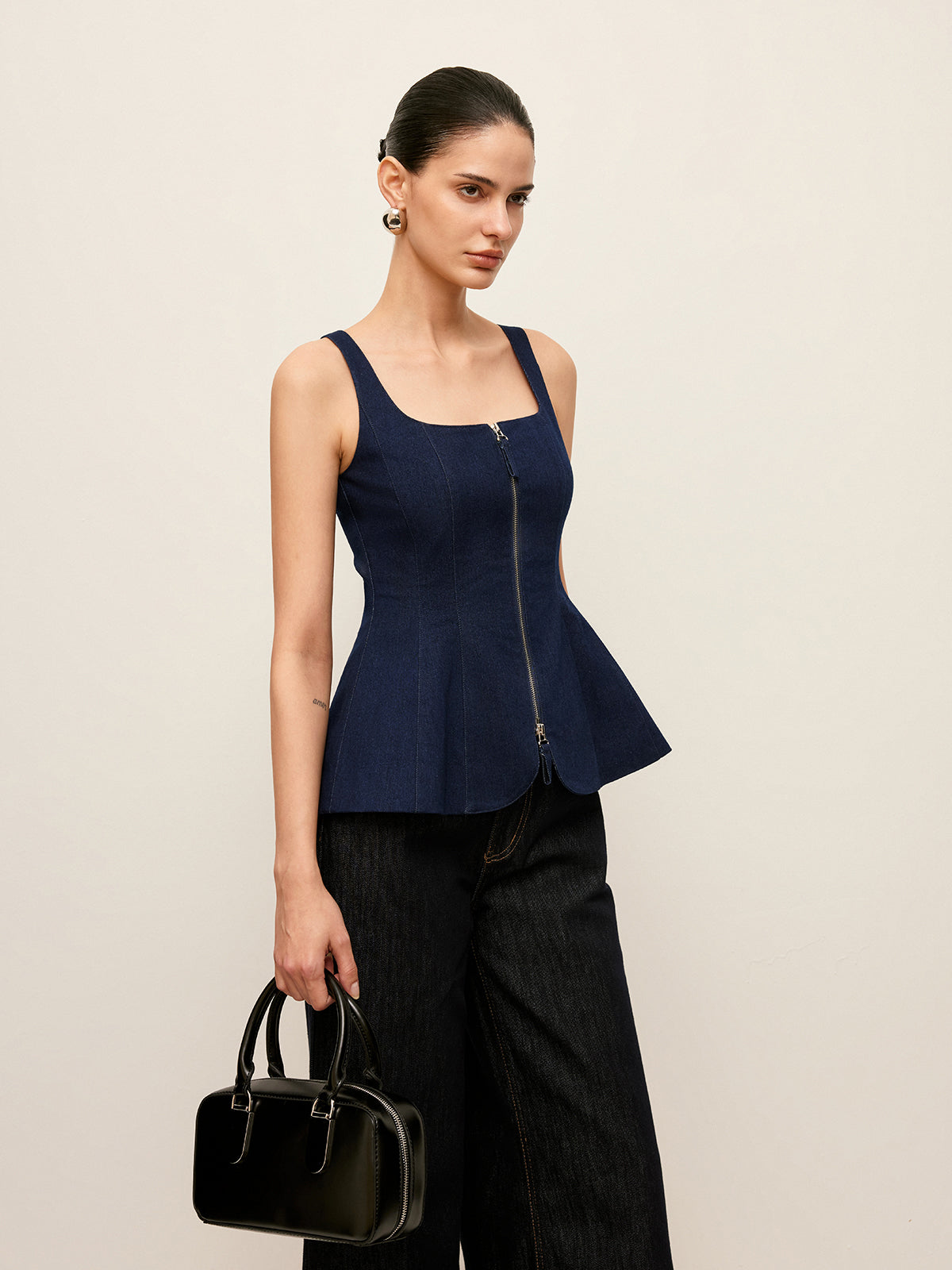 Zip-Up Denim Peplum Blouse with Stylish Waist Detail