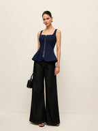 Zip-Up Denim Peplum Blouse with Stylish Waist Detail
