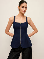 Zip-Up Denim Peplum Blouse with Stylish Waist Detail