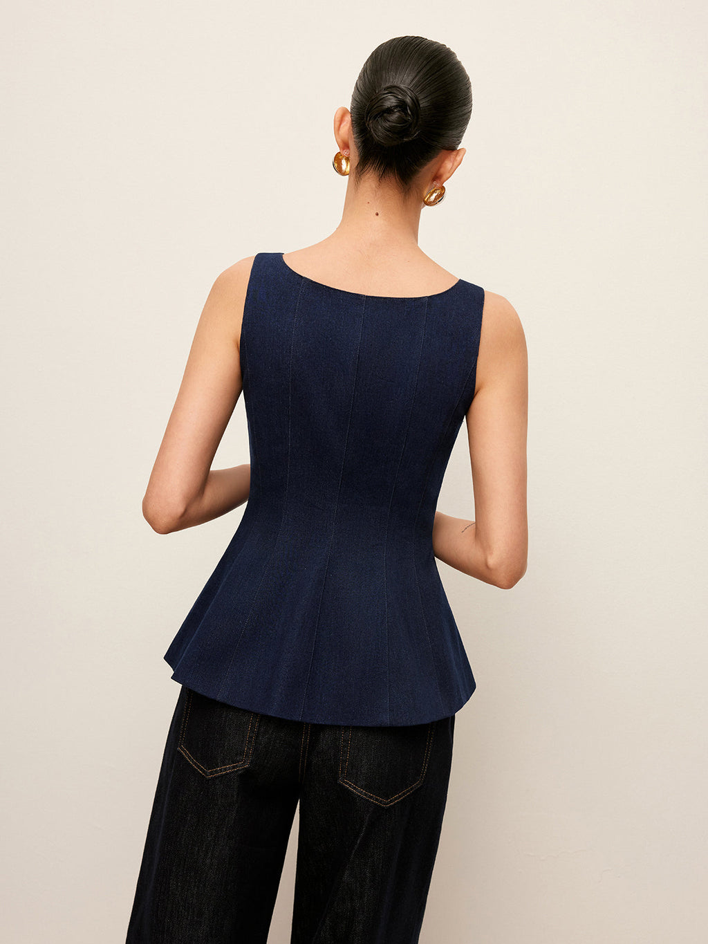 Zip-Up Denim Peplum Blouse with Stylish Waist Detail