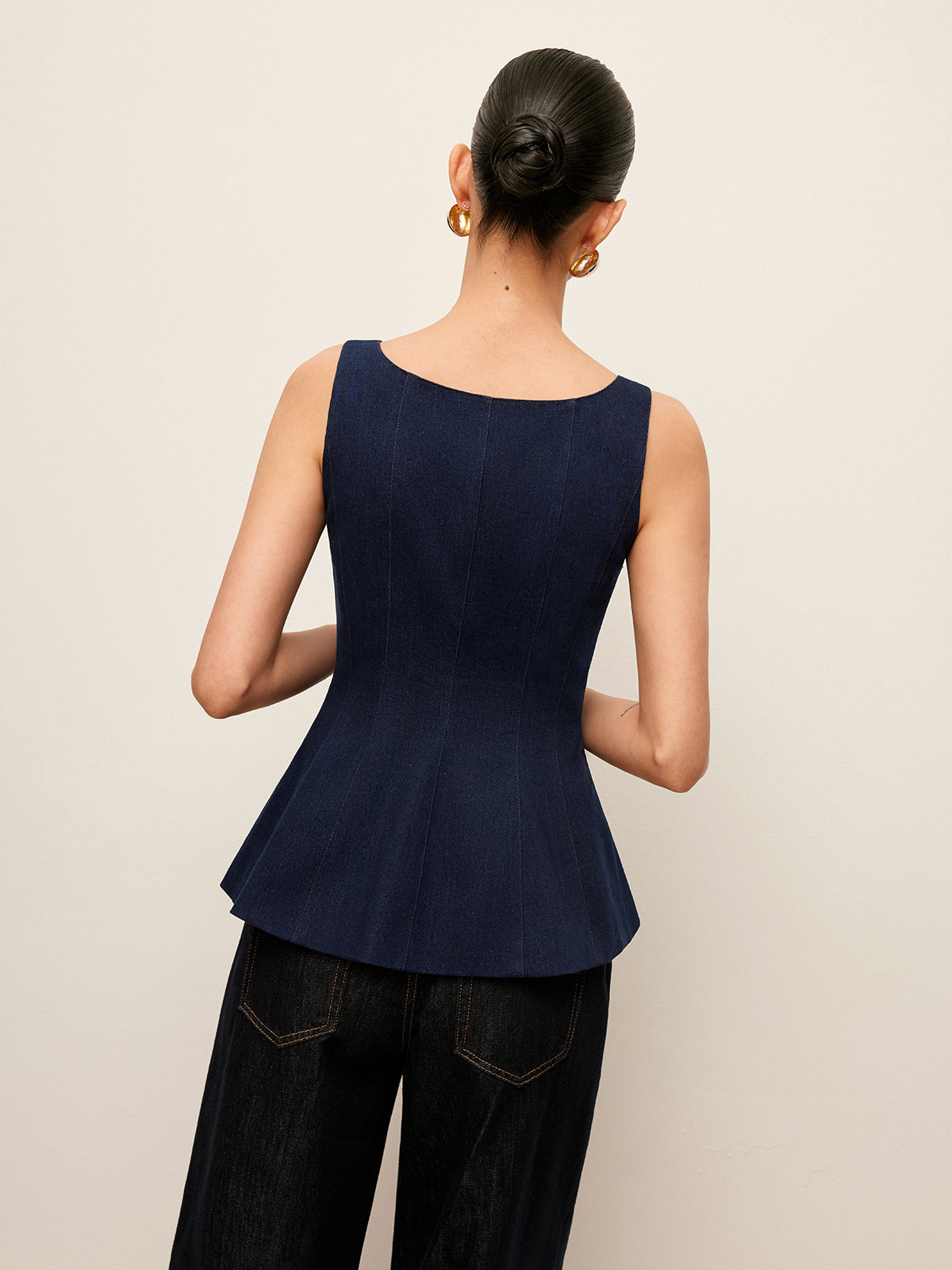 Zip-Up Denim Peplum Blouse with Stylish Waist Detail