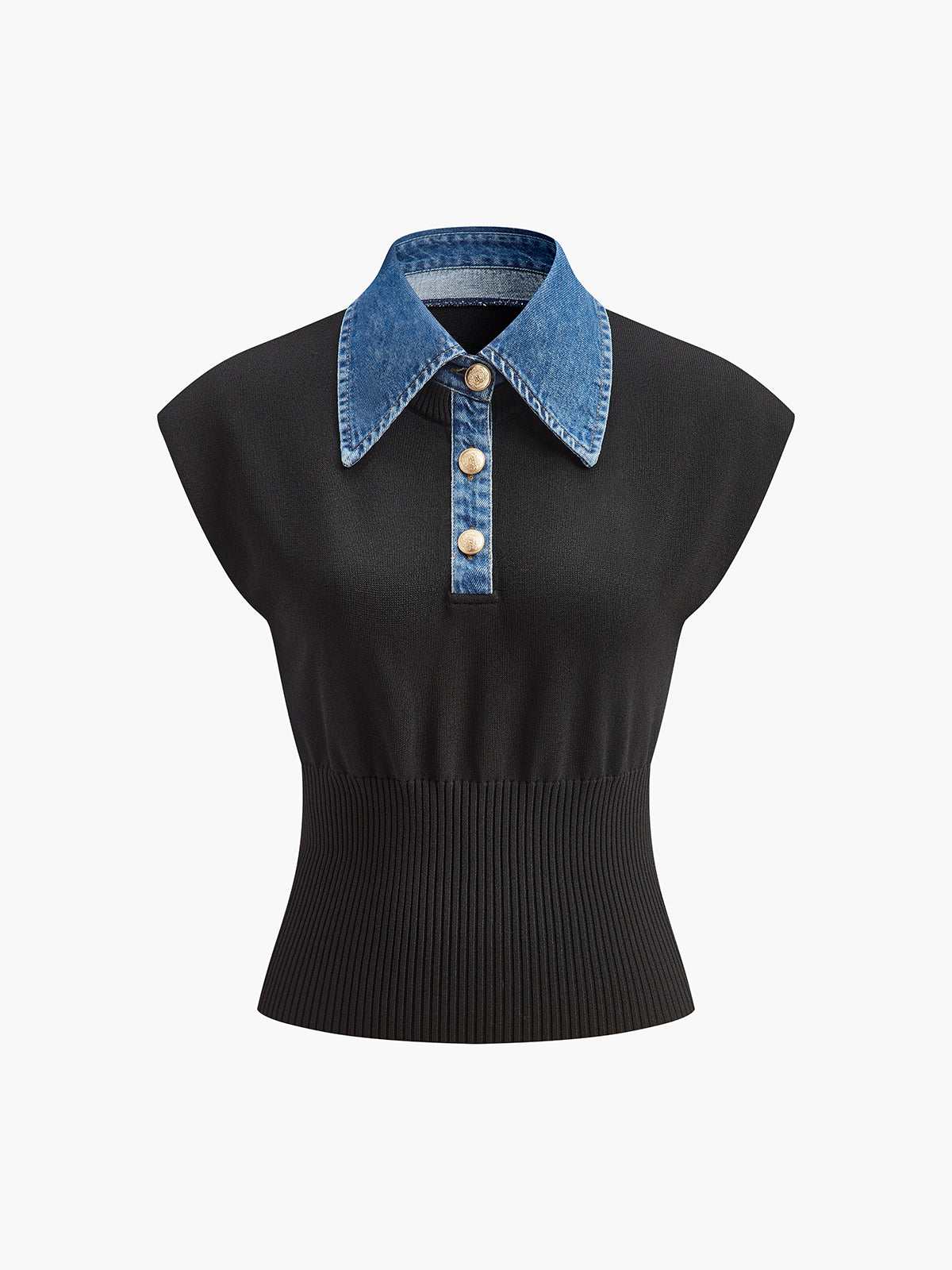 Ribbed Knit Top with Denim Collar Detail