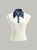 Ribbed Knit Top with Denim Collar Detail