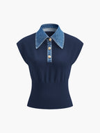 Ribbed Knit Top with Denim Collar Detail