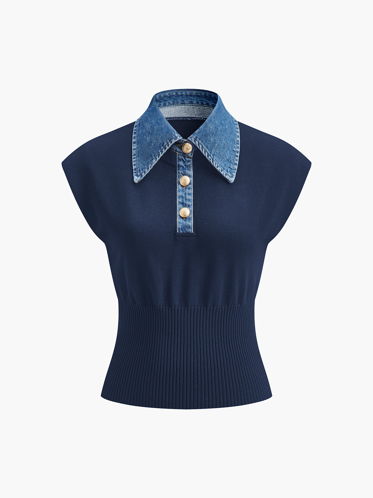 Ribbed Knit Top with Denim Collar Detail
