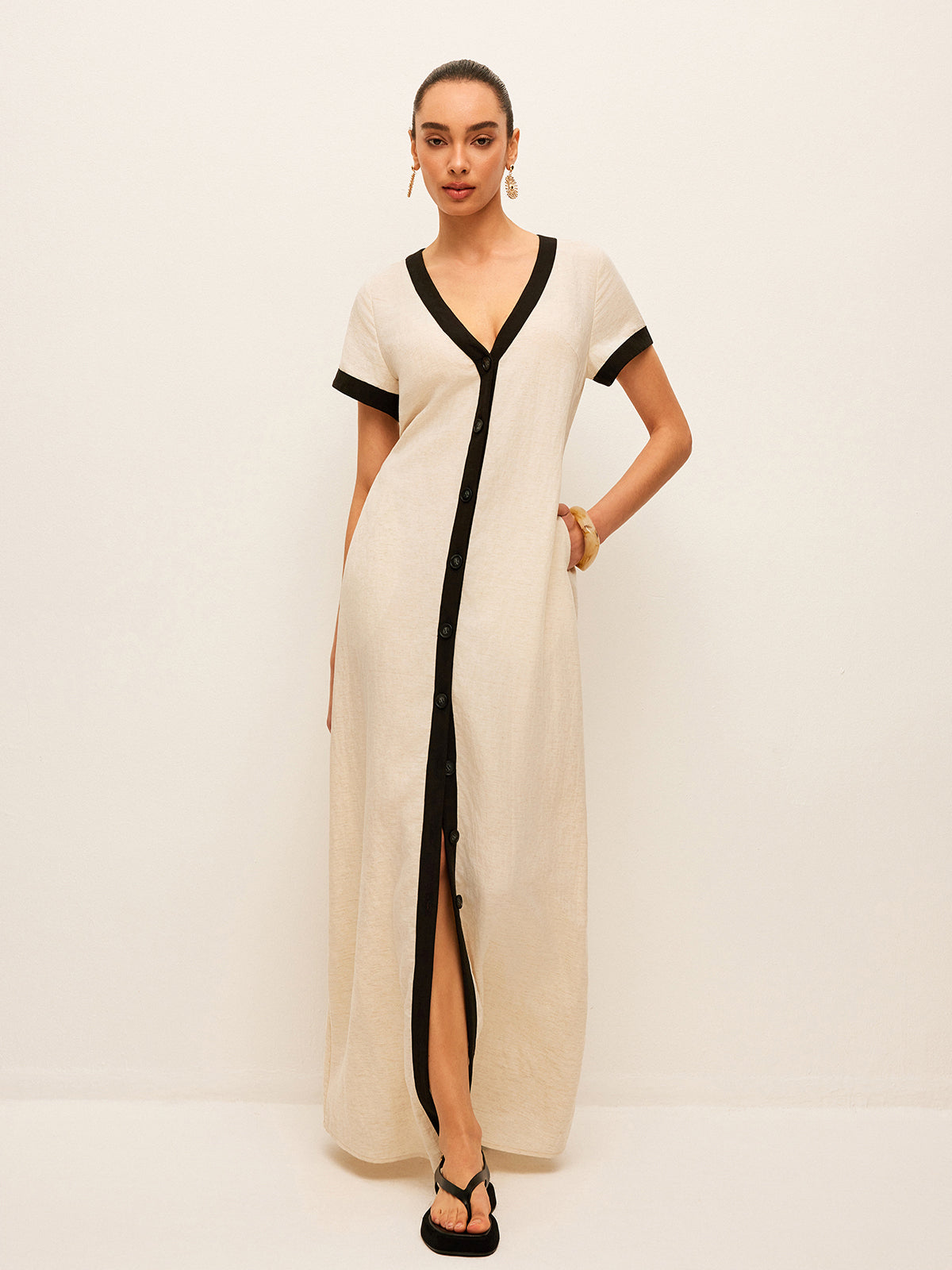 Cotton and Linen Dress with High Slit, Contrast Trim