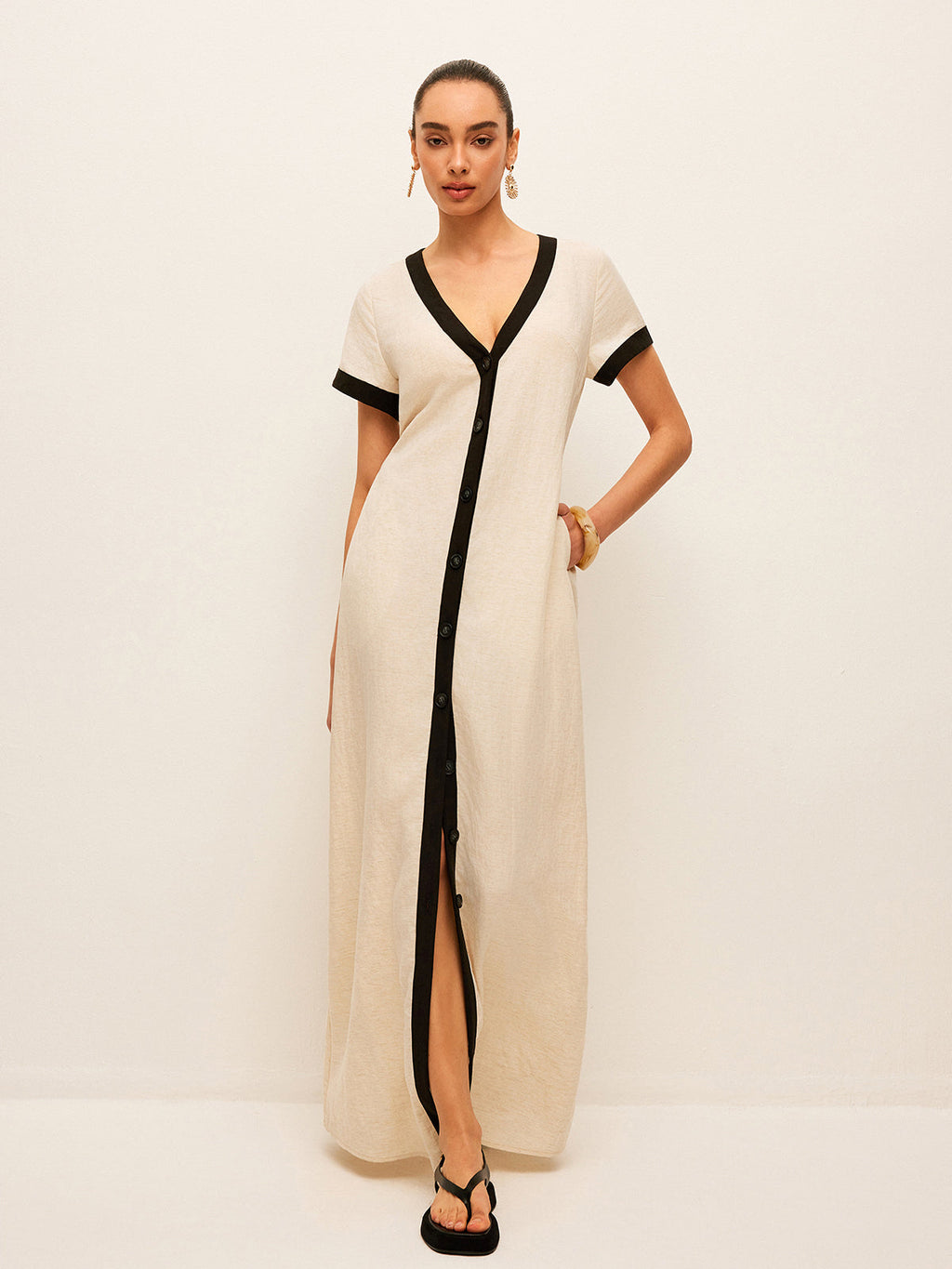 Cotton and Linen Dress with High Slit and Trim