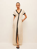 Cotton and Linen Dress with High Slit Trim