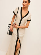 Cotton and Linen Dress with High Slit, Contrast Trim
