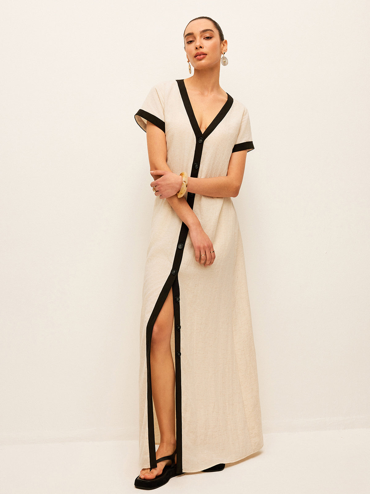 Cotton and Linen Dress with High Slit, Contrast Trim