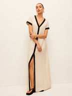 Cotton and Linen Dress with High Slit Trim