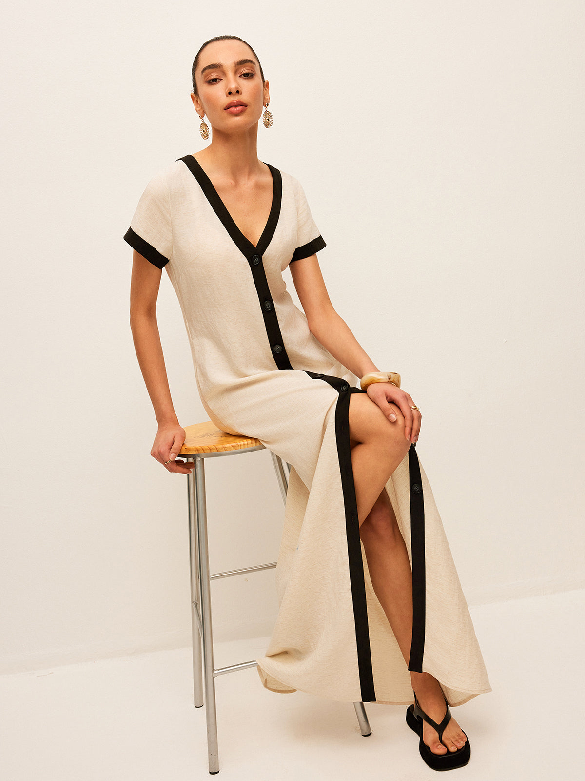 Cotton and Linen Dress with High Slit Trim