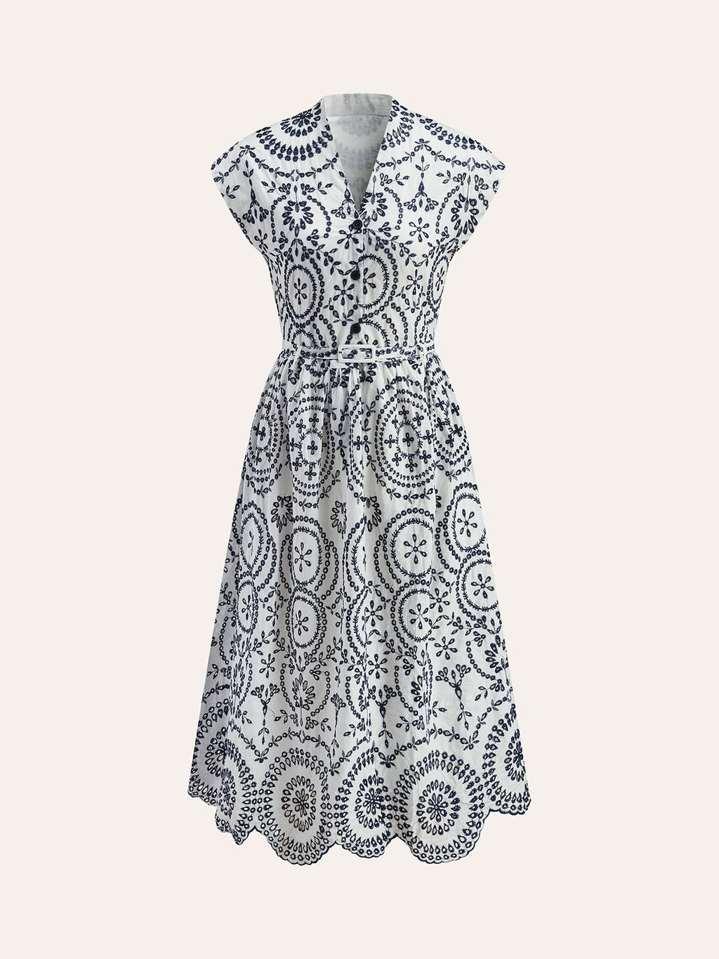 V-Neck Dress with Embroidery and Belt Detail