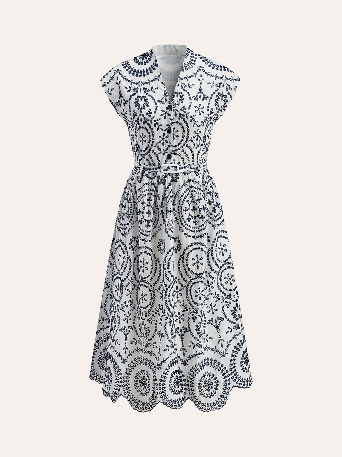 Embroidered V-Neck Dress with Belt Detail