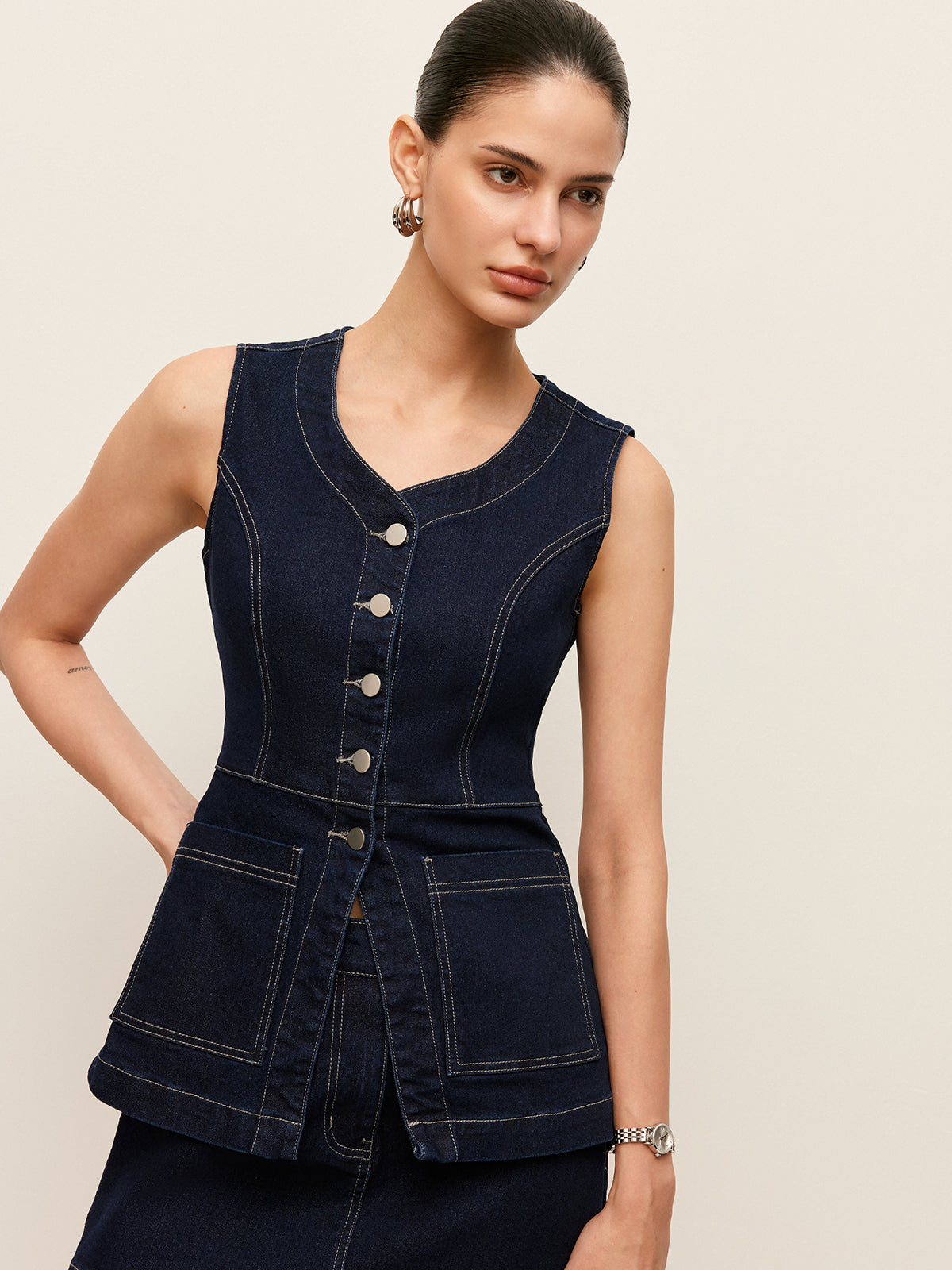 Classic Denim Vest with Pockets and Button Closure