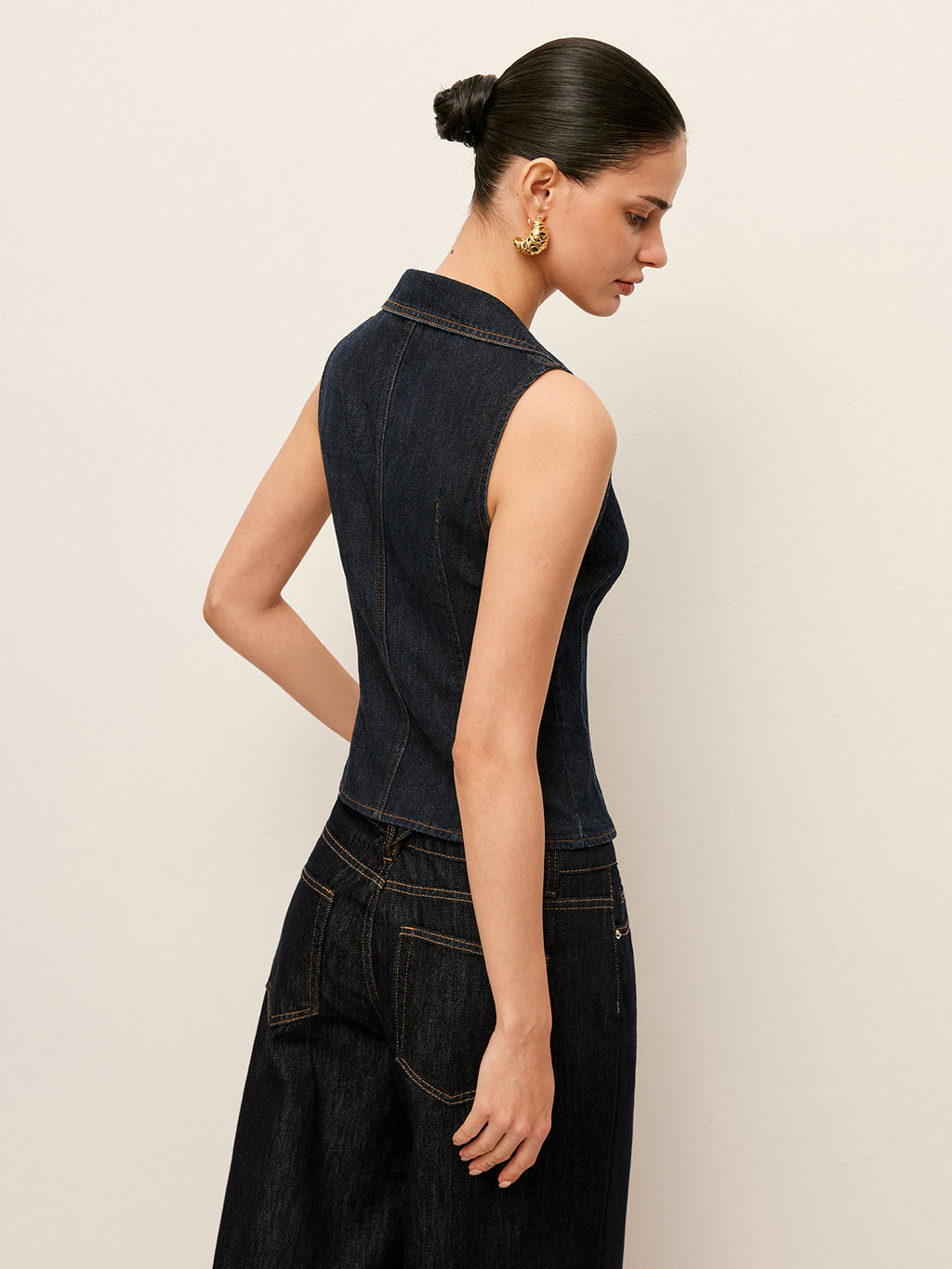 Floral Button-Detail Denim Vest with Collar